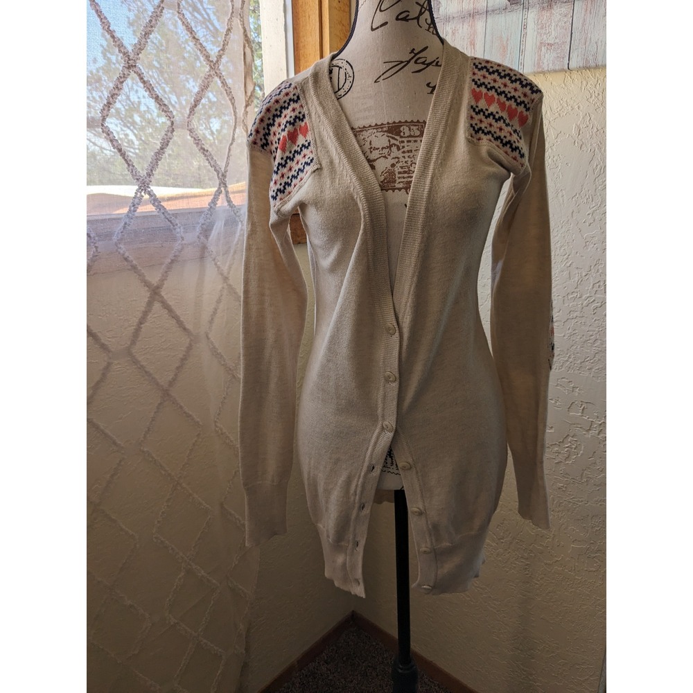 Wearing Your Heart On Your Sleeve Cardigan Oatmeal Heart Patch Fair Isle Small